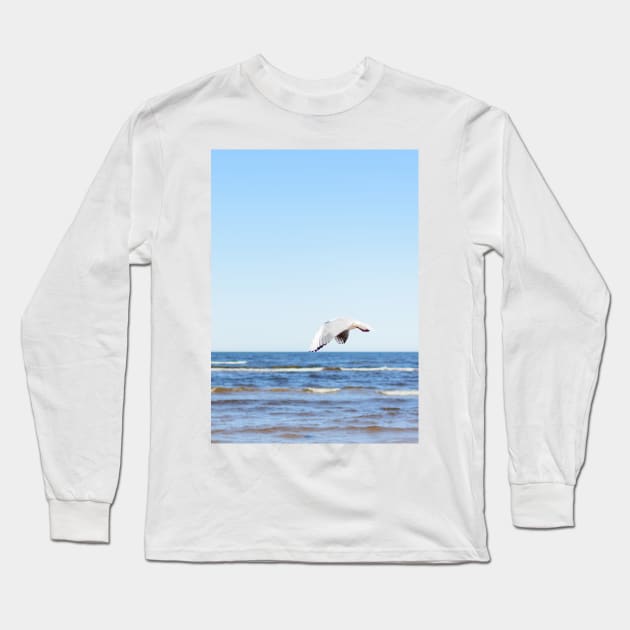 White seagull flying in blue sky Long Sleeve T-Shirt by lena-maximova